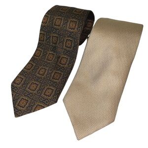 BROOKS BROTHERS 100% SILK TIES BUNDLE TWO NEUTRAL GOLD BLUES BUSINESS Y2K